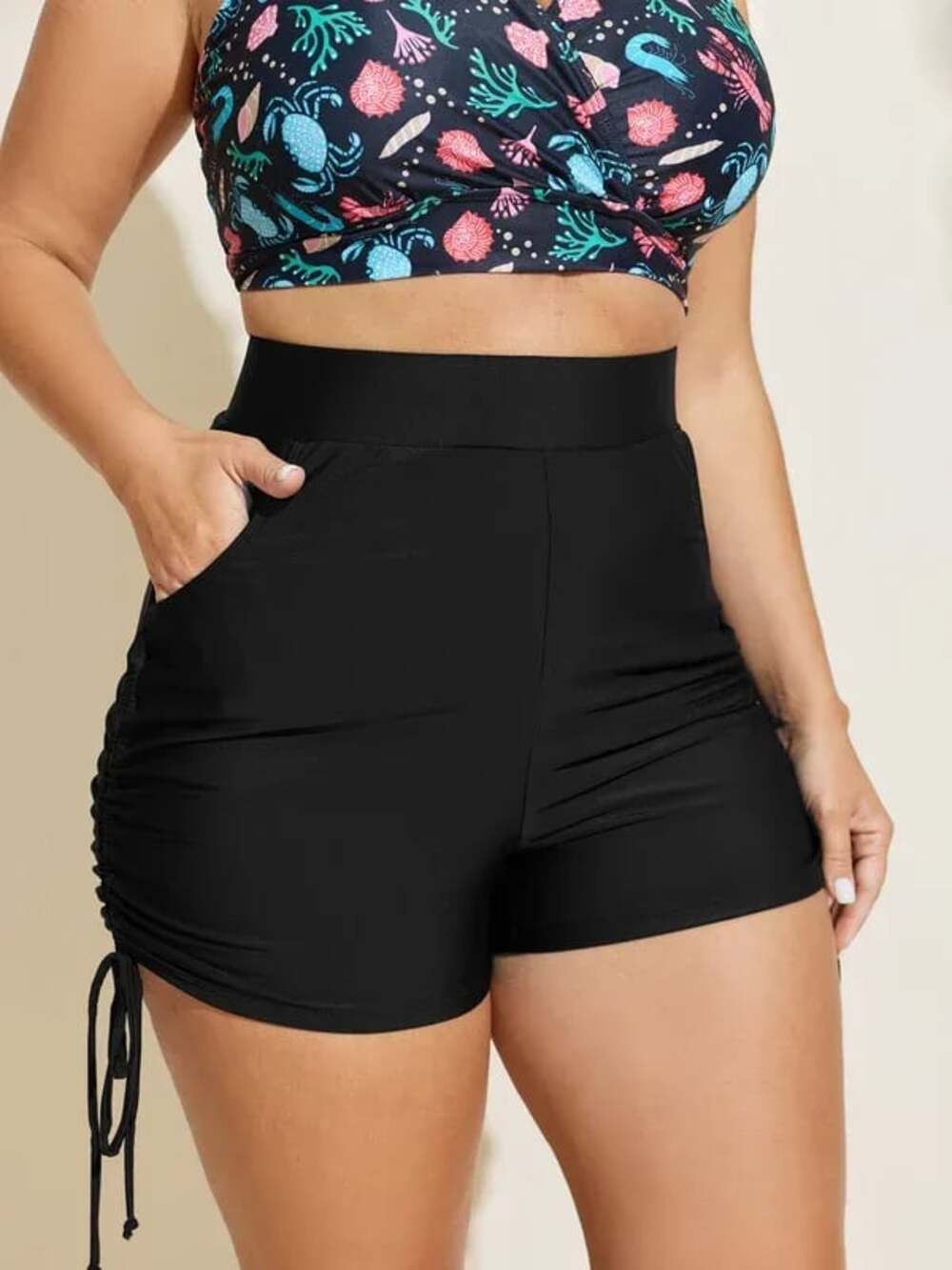 Plus Size 2X 18-20  BloomChic Slim Sculpt Ruched Drawstring Pocket Swim Shorts